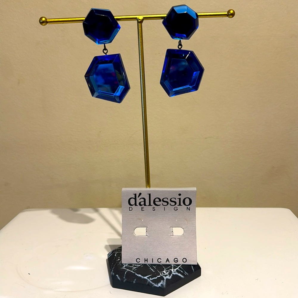 Vintage Dalessio Design Chicago Blue Plastic Crystal Dangle Earrings Clip on 80s